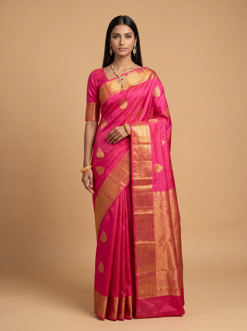 Rani Pink Gold Zari Paisley Silk Saree