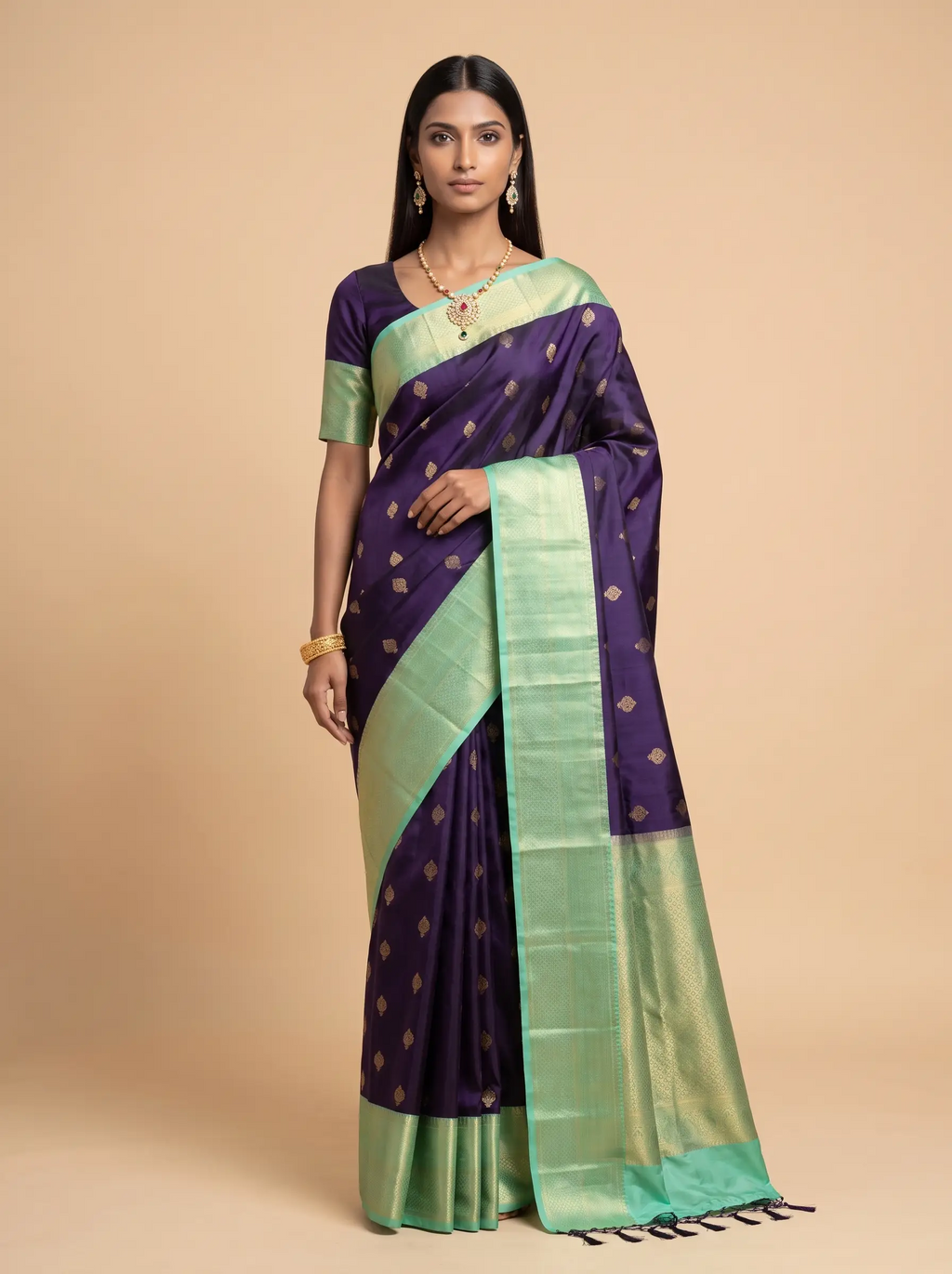 Navy Blue Silk Saree with Sea Green & Gold Zari Pallu