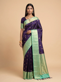 Navy Blue Silk Saree with Sea Green & Gold Zari Pallu