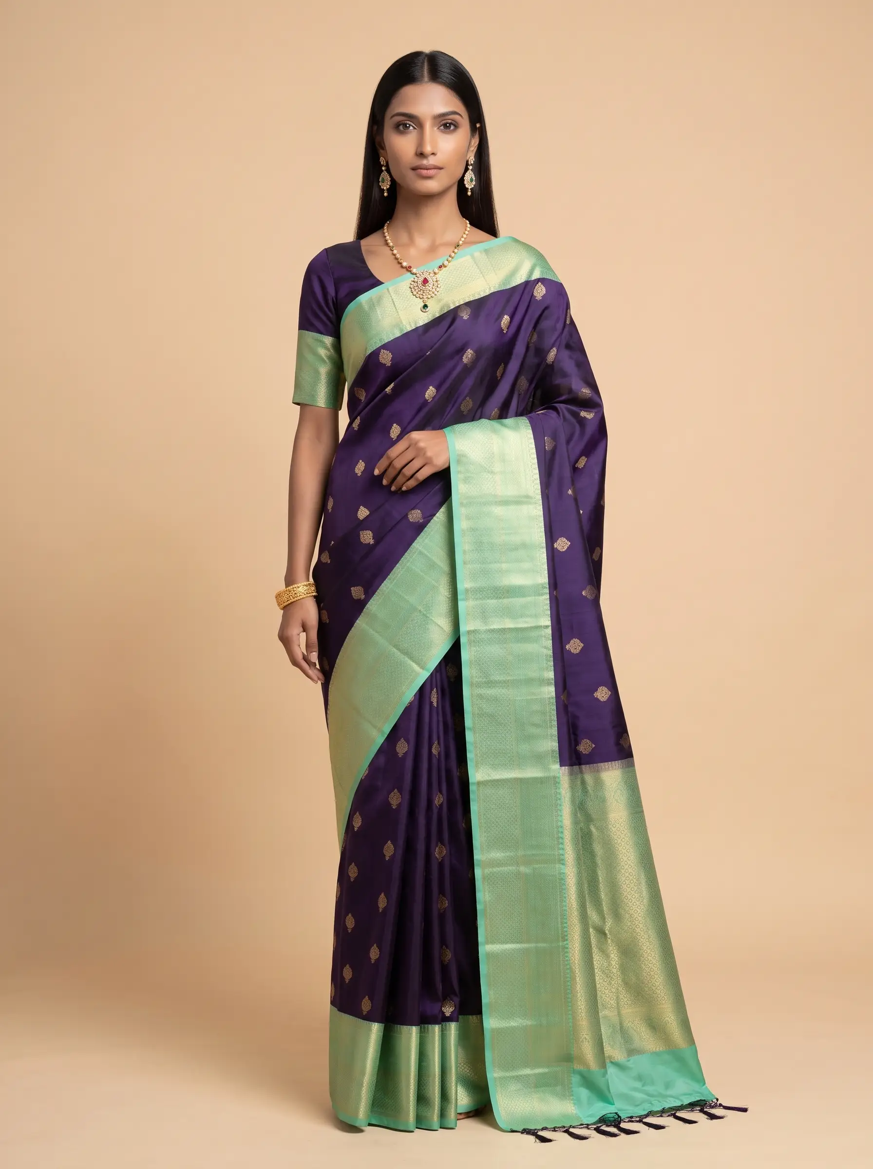 Navy Blue Silk Saree with Sea Green & Gold Zari Pallu