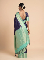 Navy Blue Silk Saree with Sea Green & Gold Zari Pallu