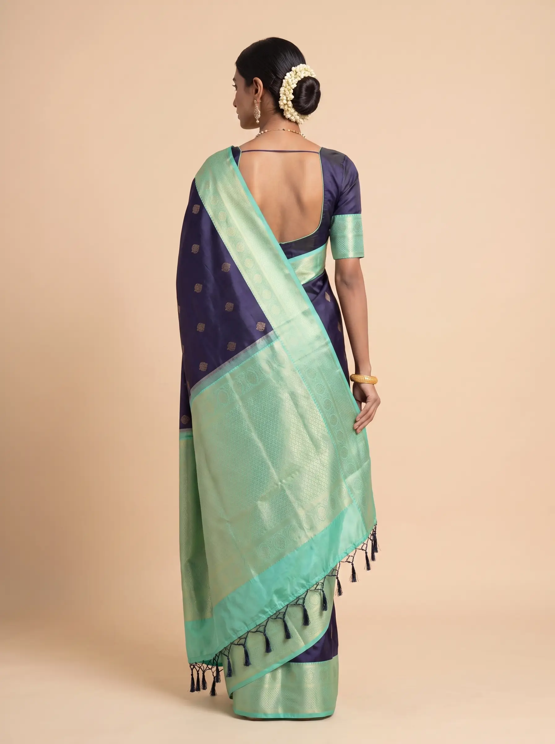 Navy Blue Silk Saree with Sea Green & Gold Zari Pallu