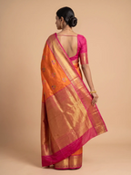 Vermilion Orange Multicolour Floral Silk Saree