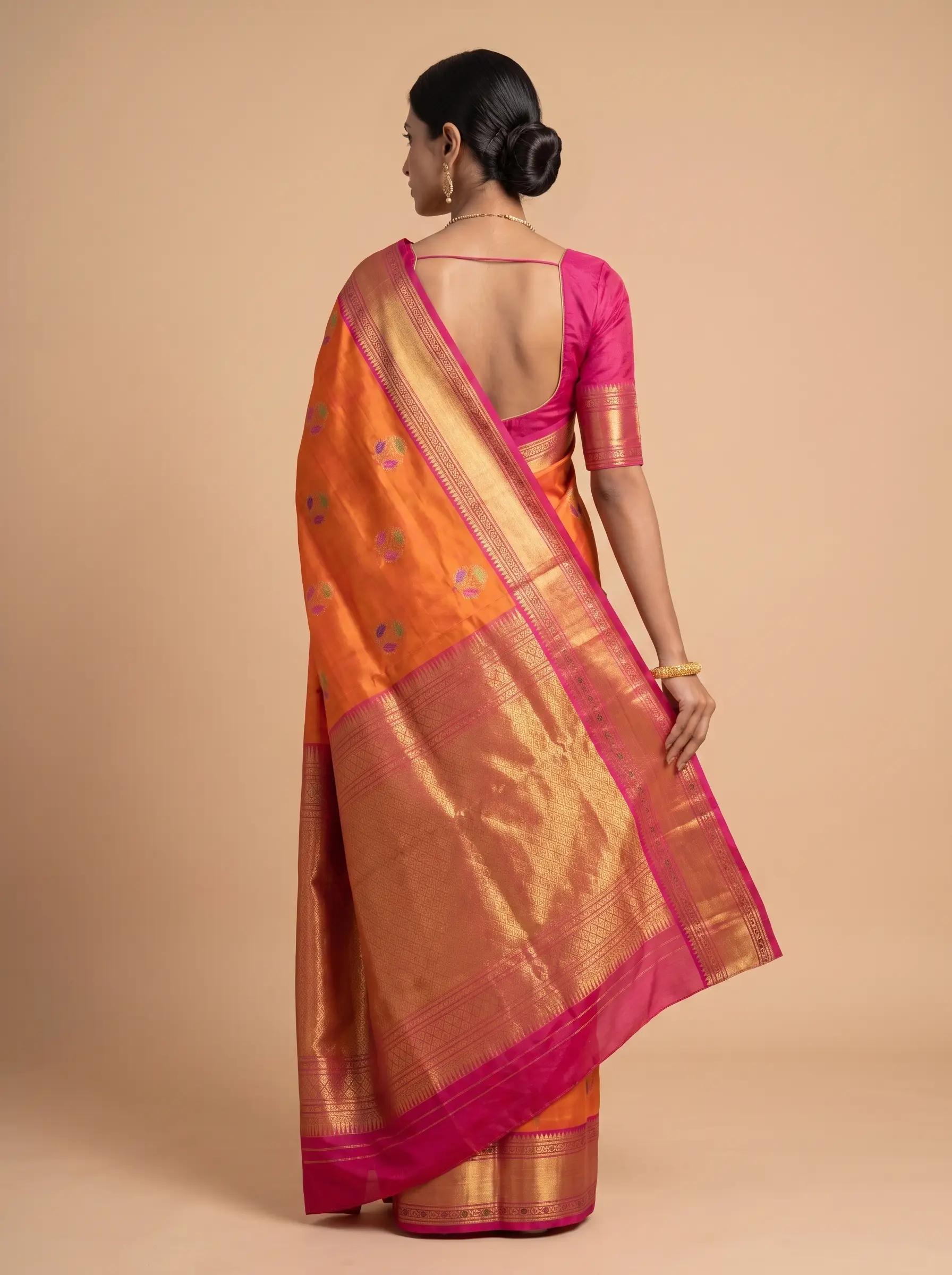Vermilion Orange Multicolour Floral Silk Saree