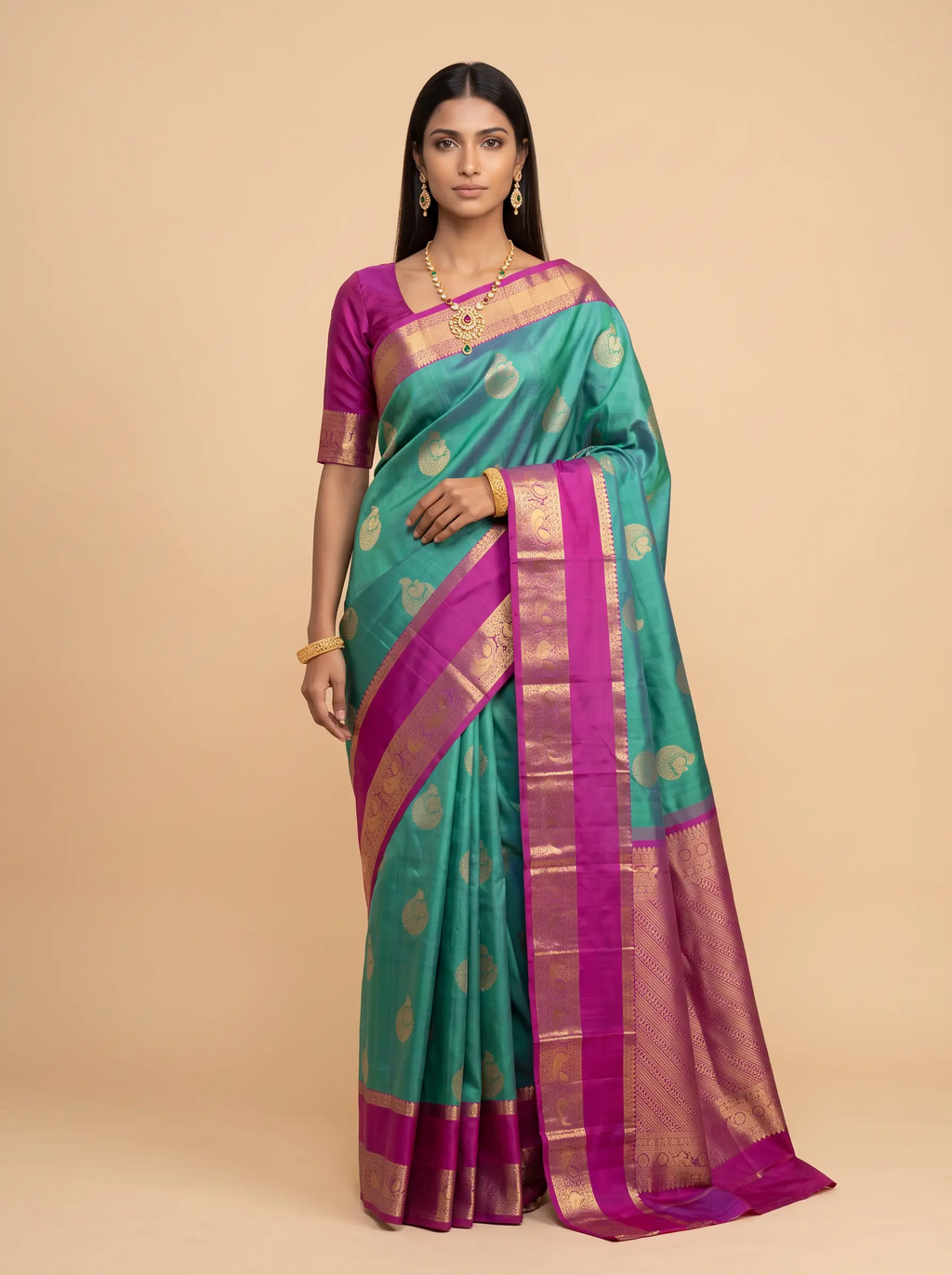 Royal Blue Purple Green Gold Zari Silk Saree