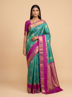 Royal Blue Purple Green Gold Zari Silk Saree