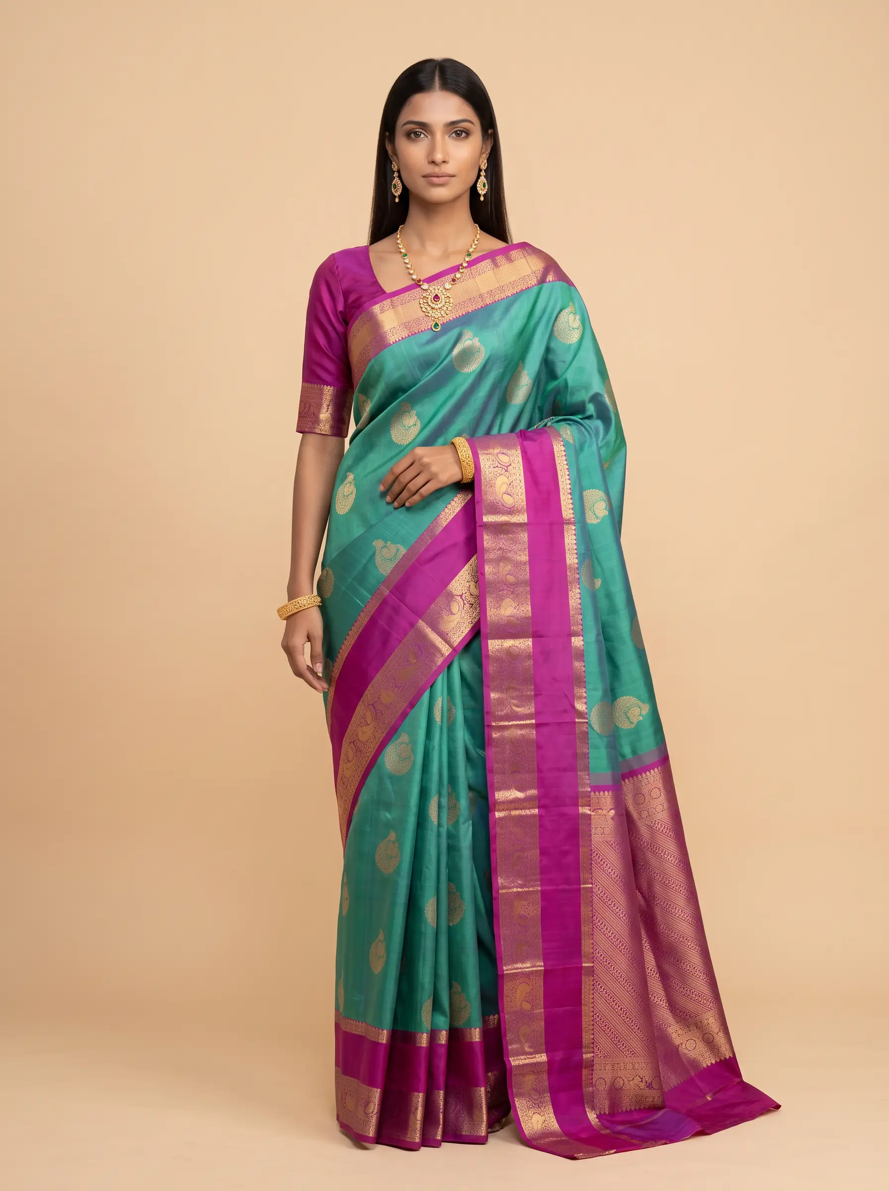 Royal Blue Purple Green Gold Zari Silk Saree
