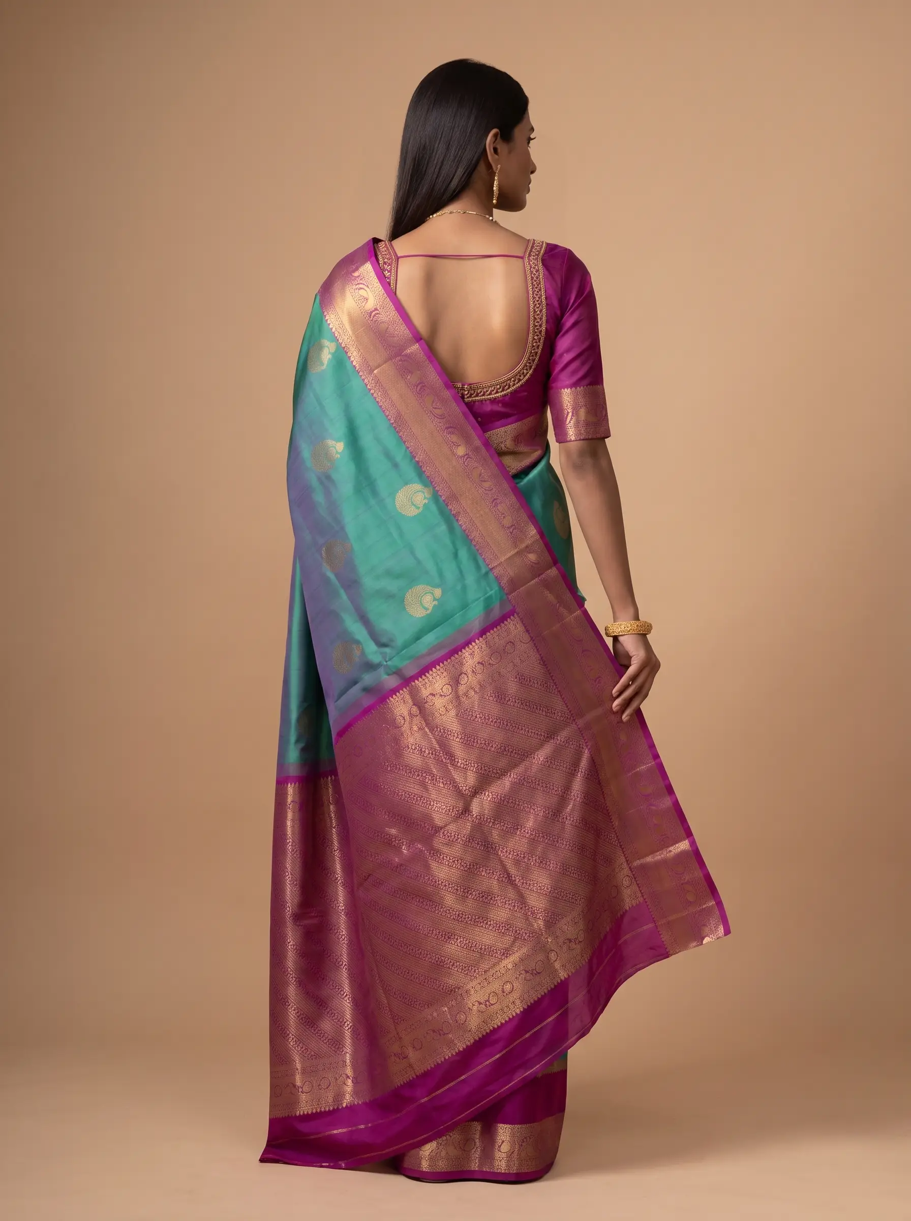 Royal Blue Purple Green Gold Zari Silk Saree