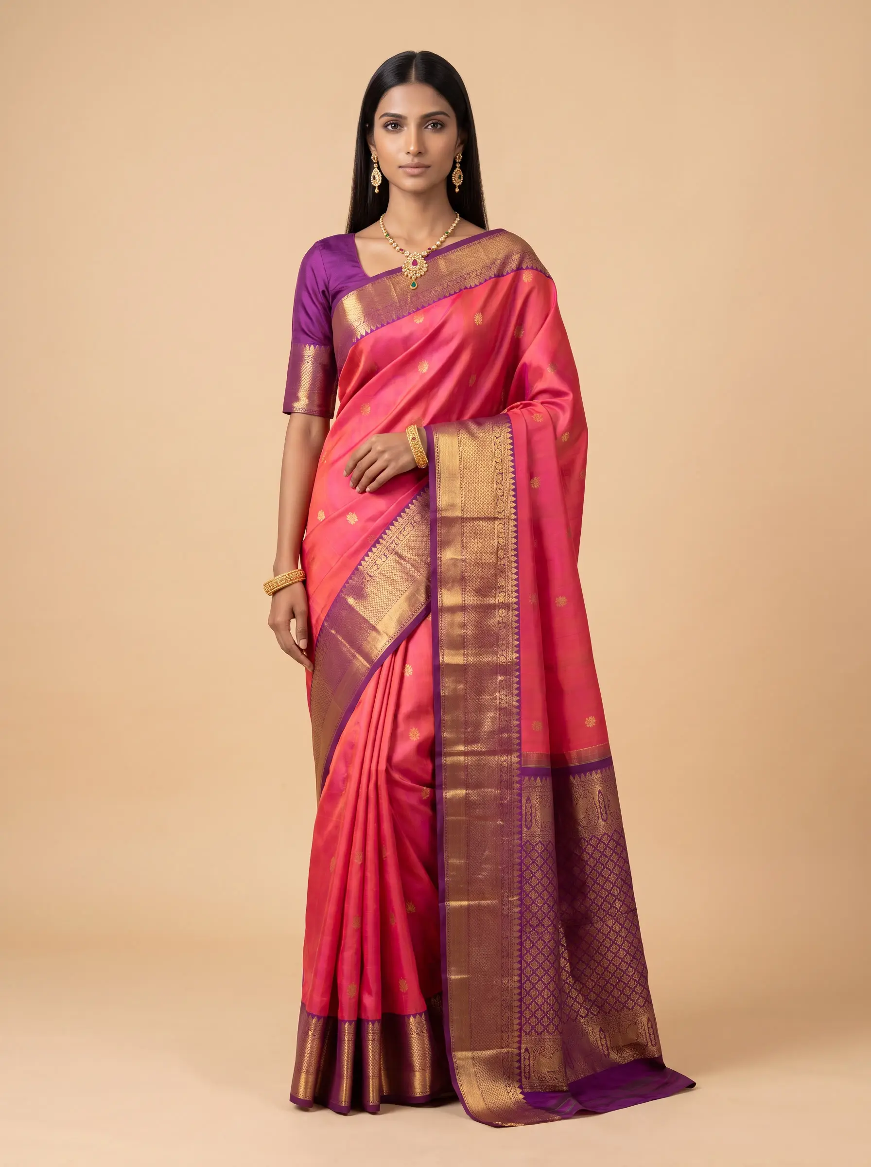 Vermilion Red Maroon Gold Zari Silk Saree
