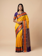 Mustard Yellow Silk Saree with Rust Orange & Navy Zari Border