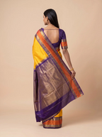 Mustard Yellow Silk Saree with Rust Orange & Navy Zari Border
