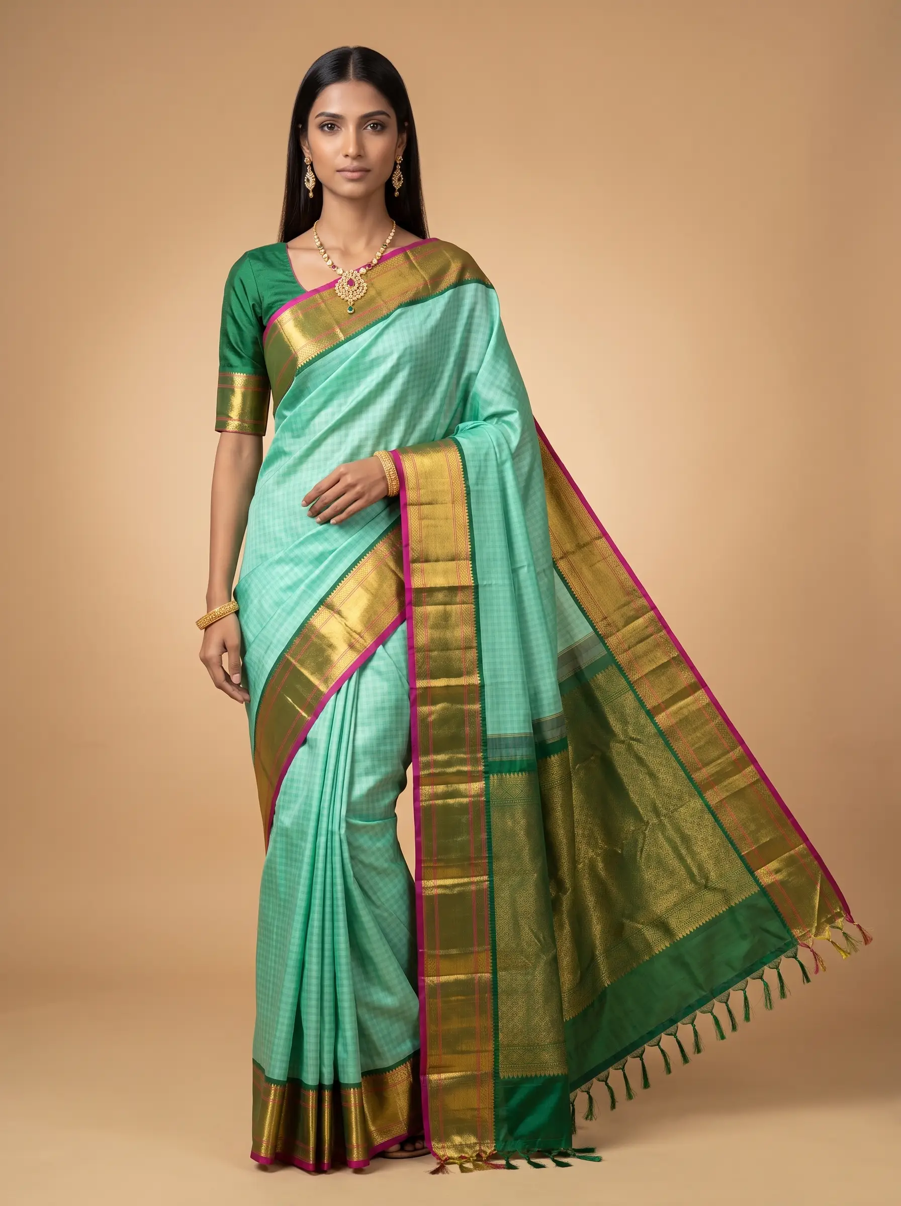 Mint Green Silk Saree with Antique Gold Zari & Magenta Border