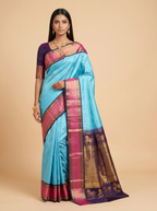 Turquoise Blue Silk Saree with Magenta & Black Gold Zari Border
