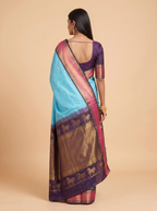 Turquoise Blue Silk Saree with Magenta & Black Gold Zari Border