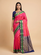 Vermilion Red Silk Saree with Emerald Green & Gold Zari Pallu