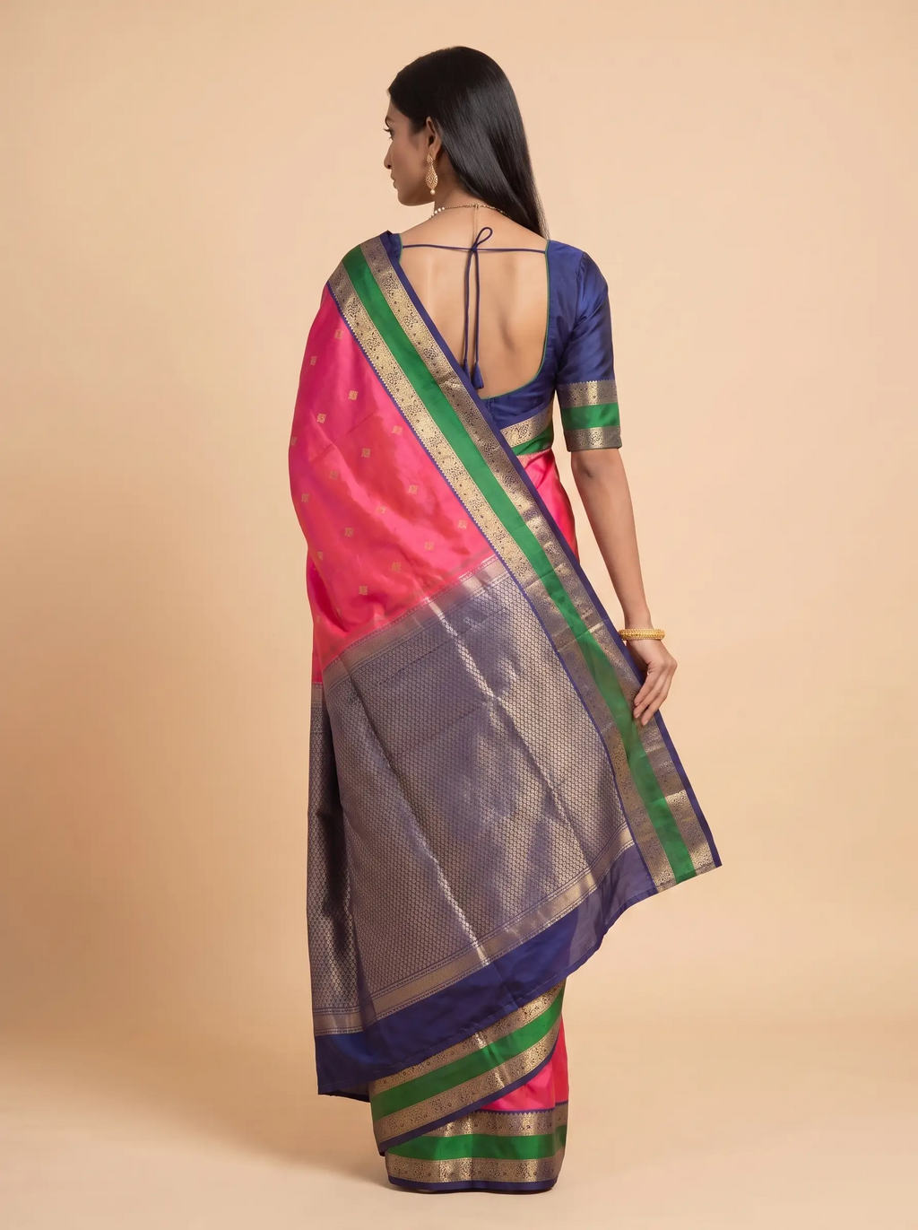 Vermilion Red Silk Saree with Emerald Green & Gold Zari Pallu