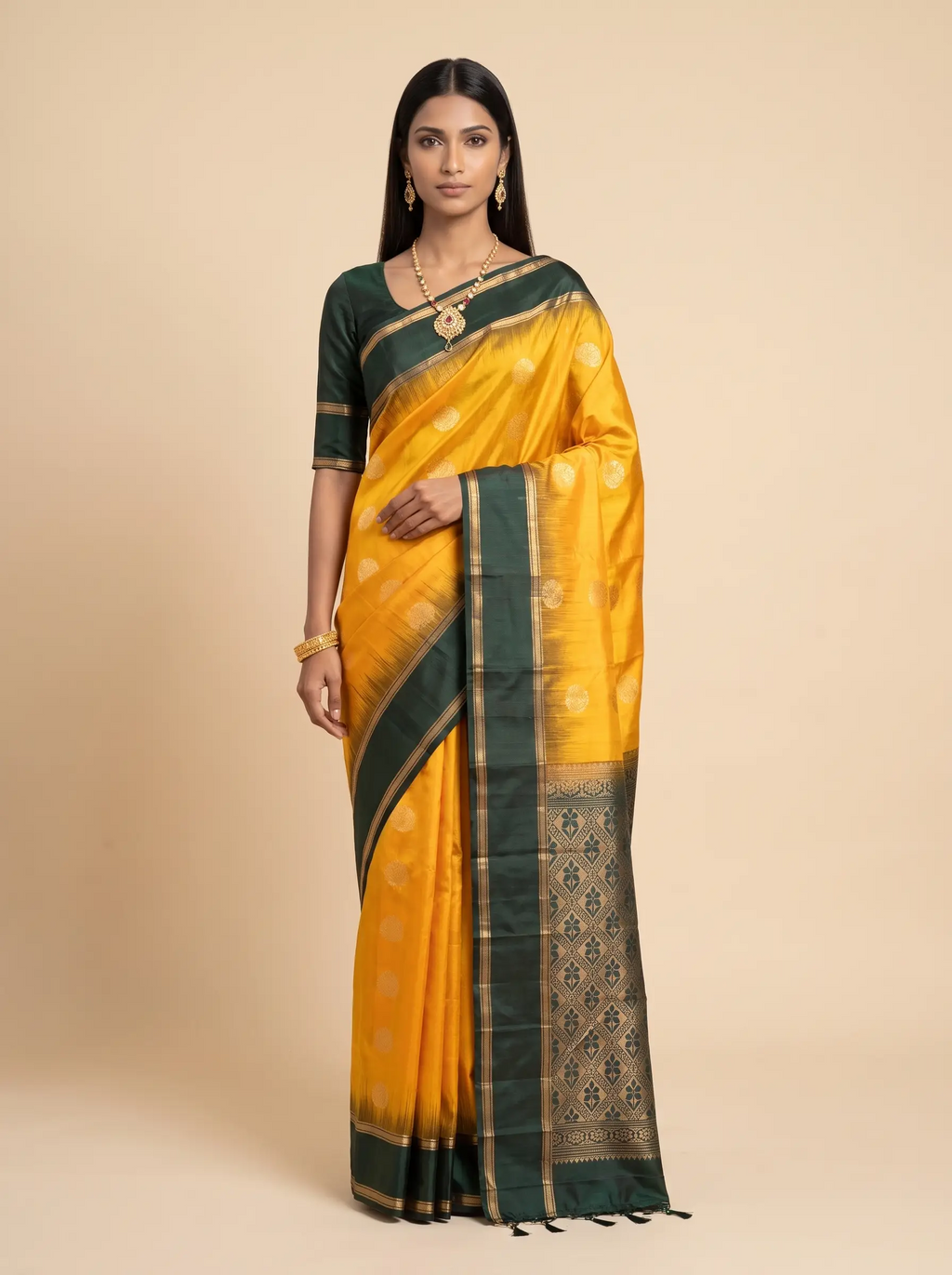 Mustard Gold Silk Saree with Deep Navy & Gold Zari Pallu