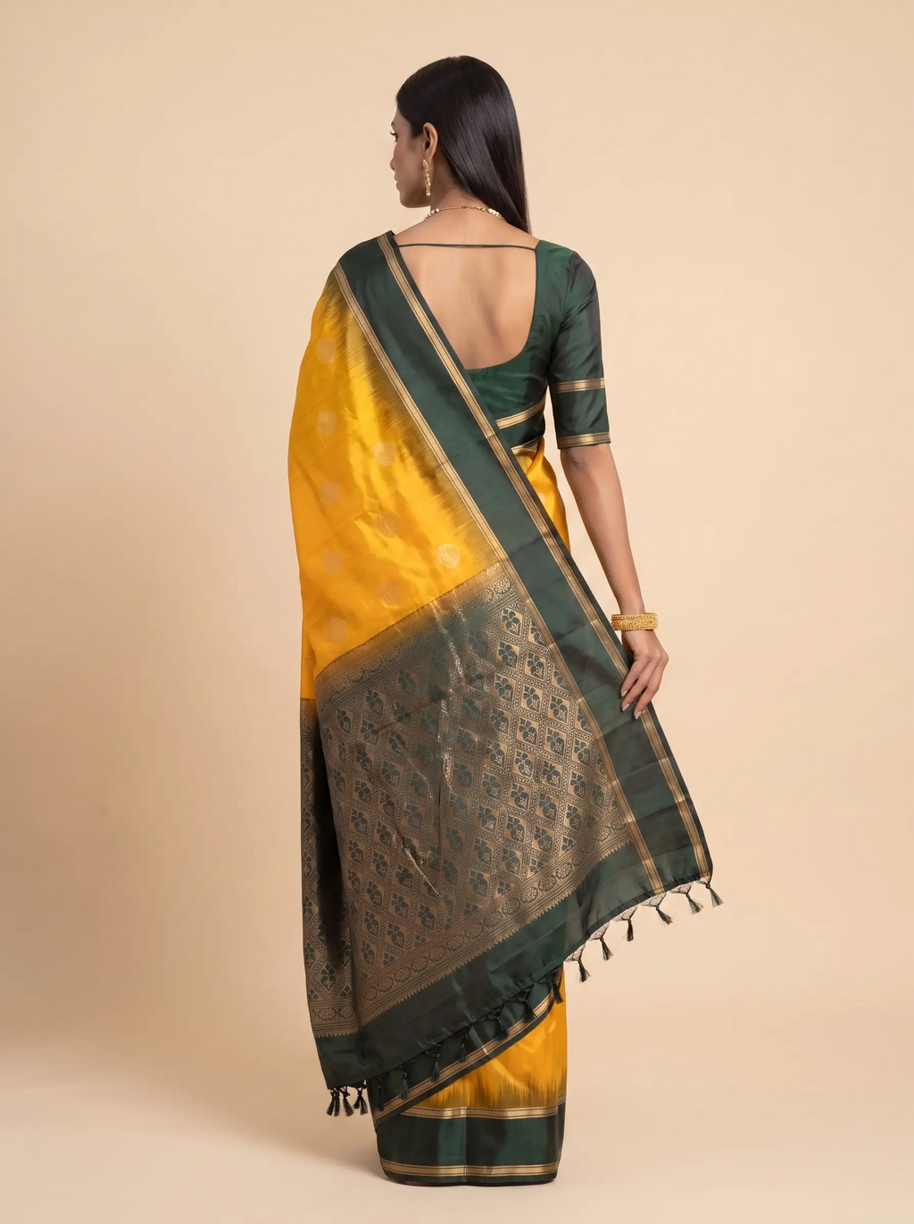 Mustard Gold Silk Saree with Deep Navy & Gold Zari Pallu