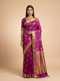 Deep Magenta Silk Saree with Gold Zari Butti & Rich Zari Border