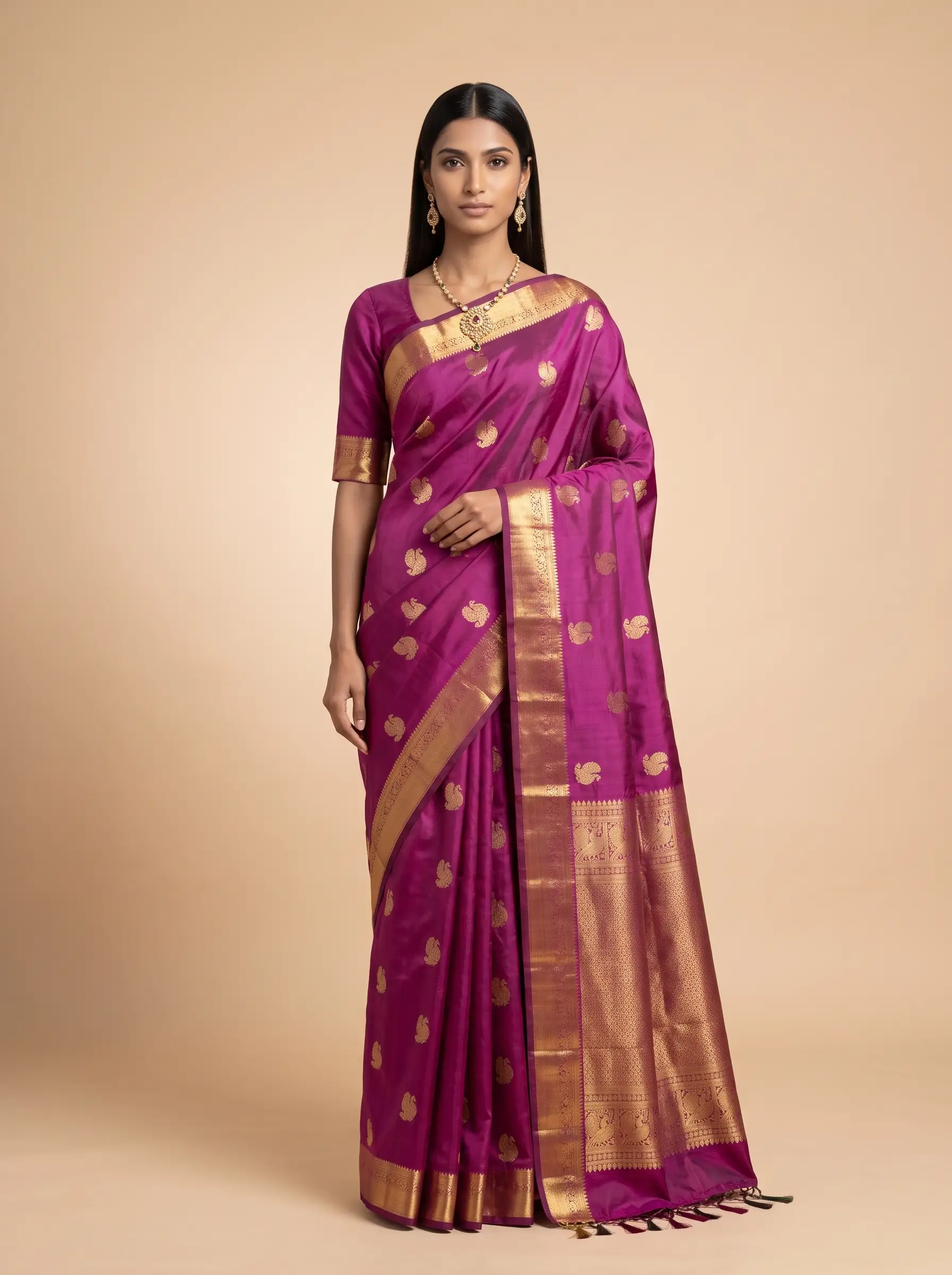 Deep Magenta Silk Saree with Gold Zari Butti & Rich Zari Border
