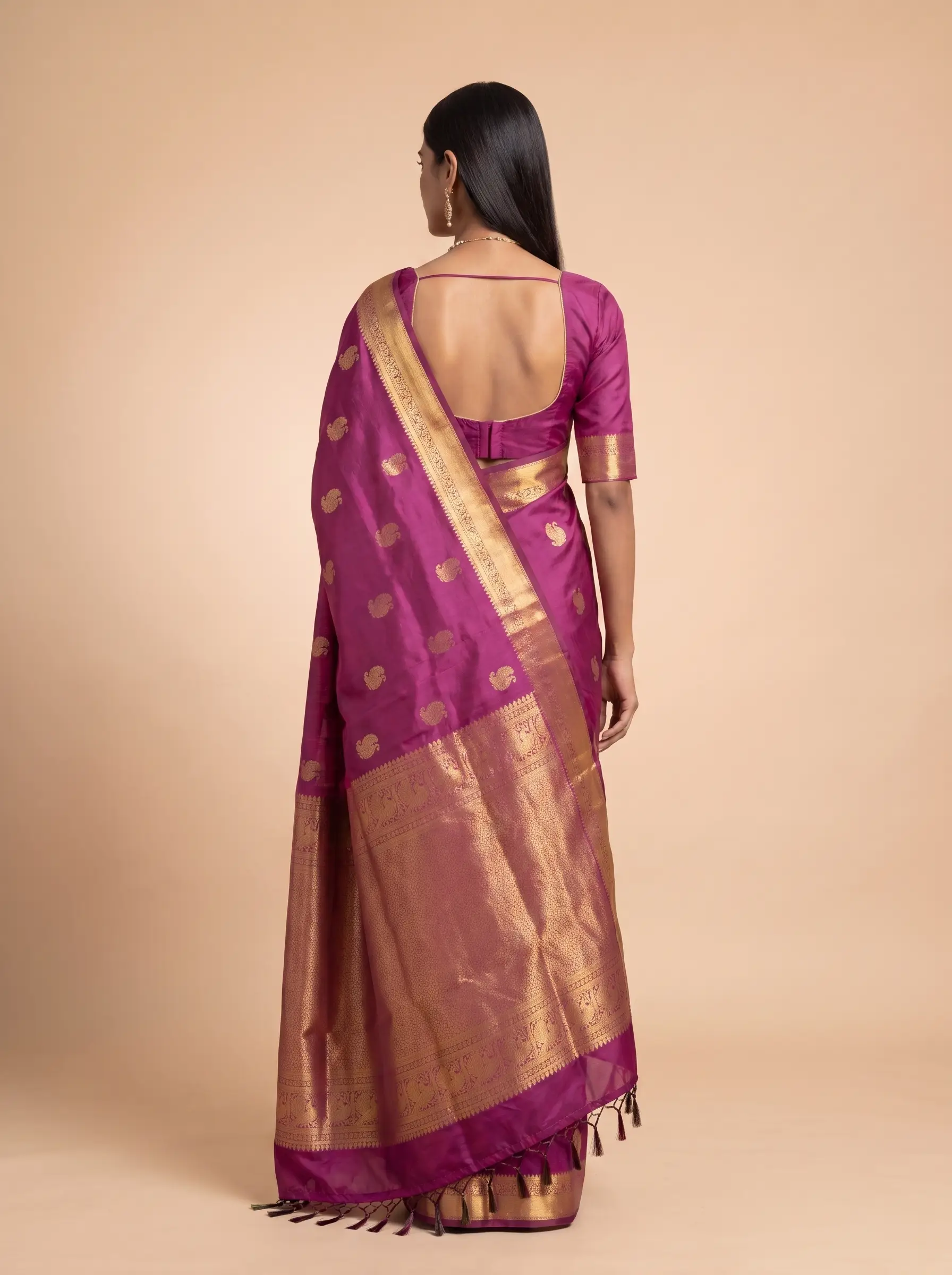 Deep Magenta Silk Saree with Gold Zari Butti & Rich Zari Border