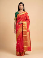 Coral Orange Silk Saree with Turquoise Blue & Gold Zari Pallu