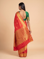 Coral Orange Silk Saree with Turquoise Blue & Gold Zari Pallu