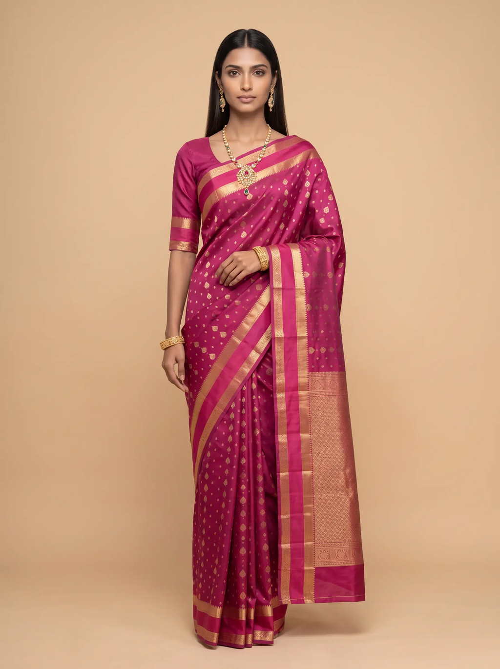 Rani Pink Gold Zari Kanjivaram Silk Saree