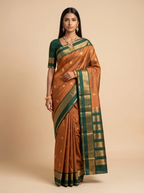 Copper Brown Silk Saree with Dark Teal & Gold Zari Border