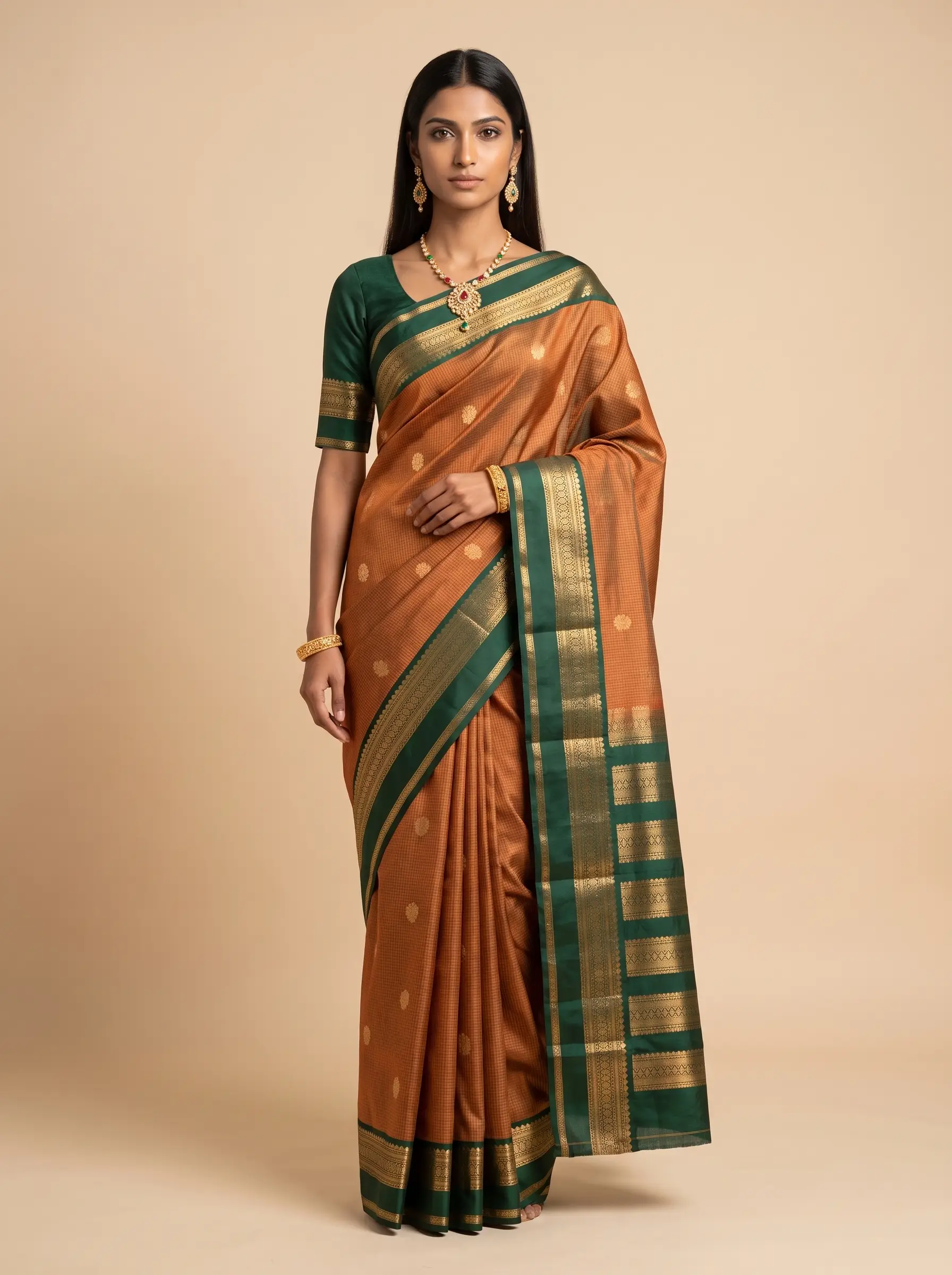 Copper Brown Silk Saree with Dark Teal & Gold Zari Border