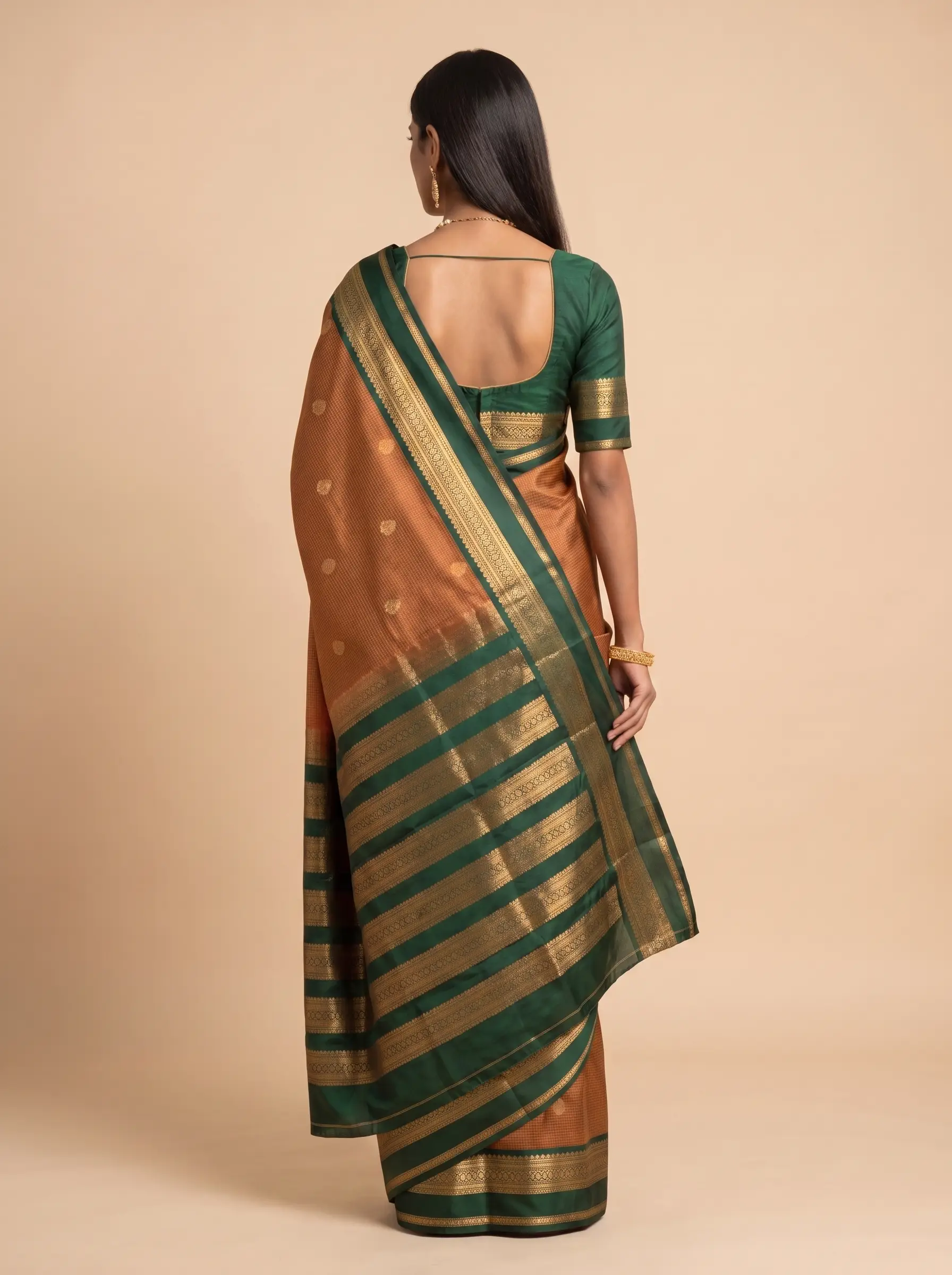 Copper Brown Silk Saree with Dark Teal & Gold Zari Border