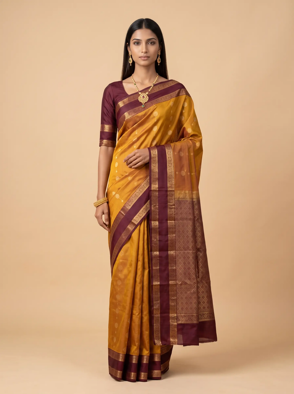 Mustard Gold Maroon Zari Floral Silk Saree