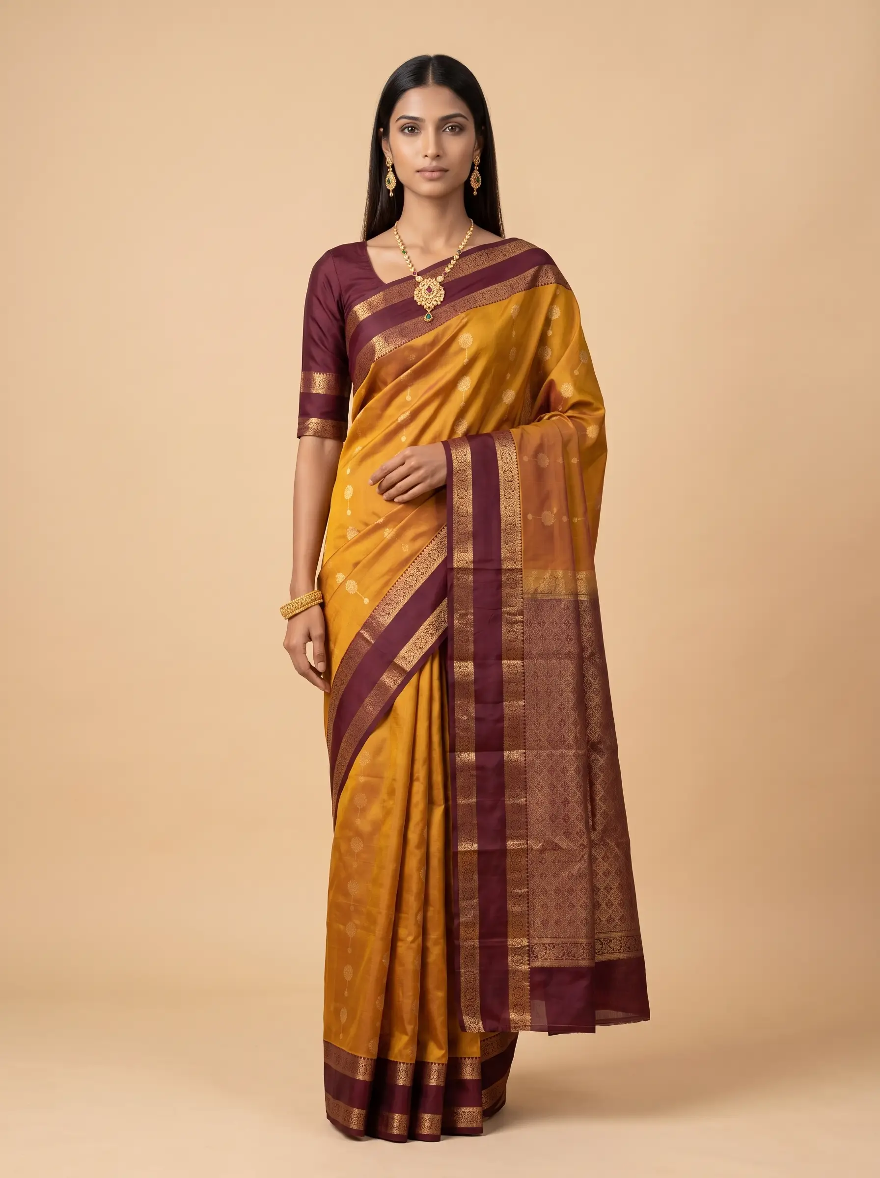 Mustard Gold Maroon Zari Floral Silk Saree