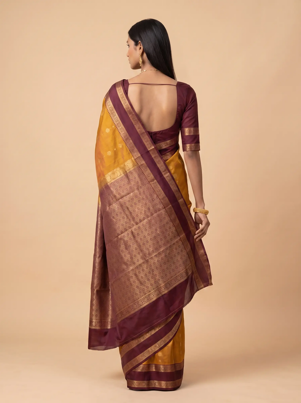 Mustard Gold Maroon Zari Floral Silk Saree