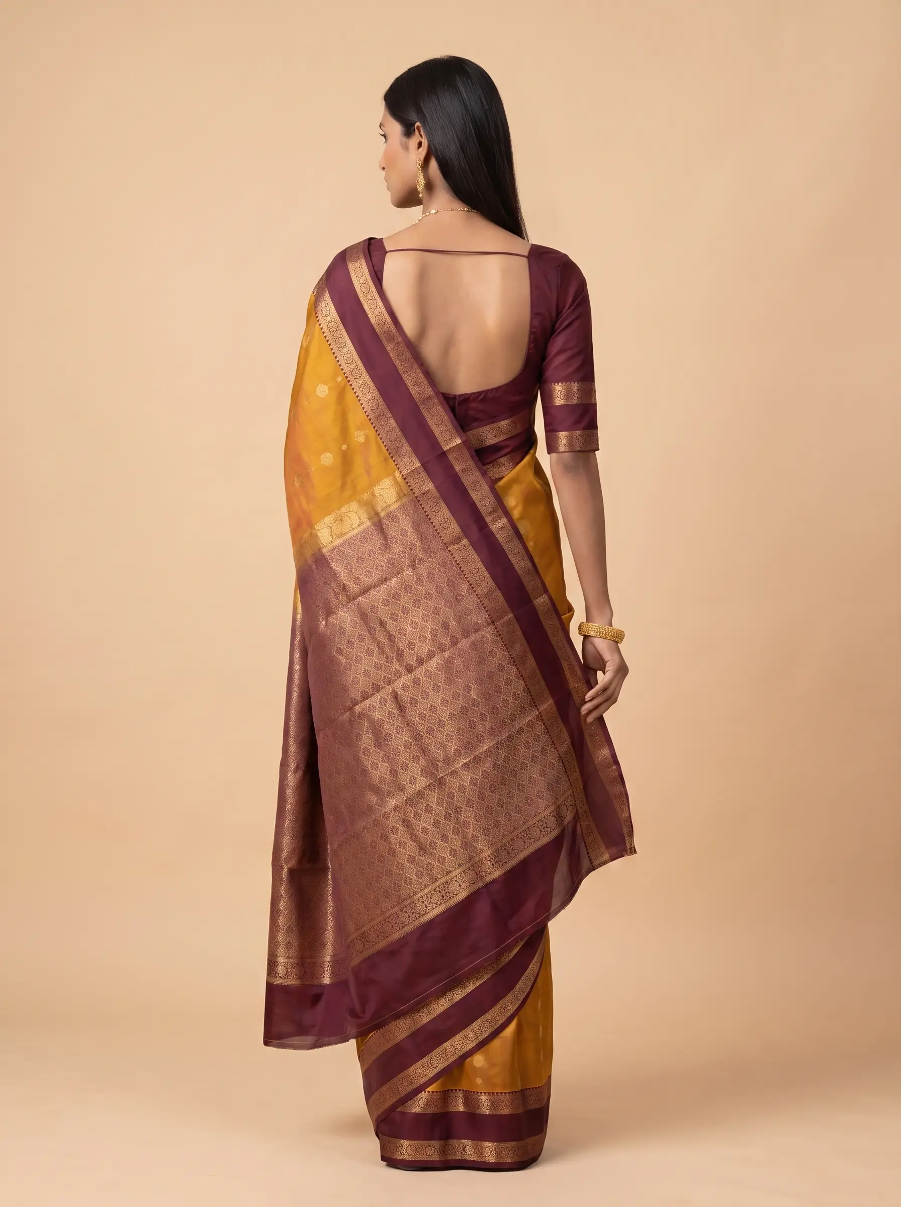 Mustard Gold Maroon Zari Floral Silk Saree