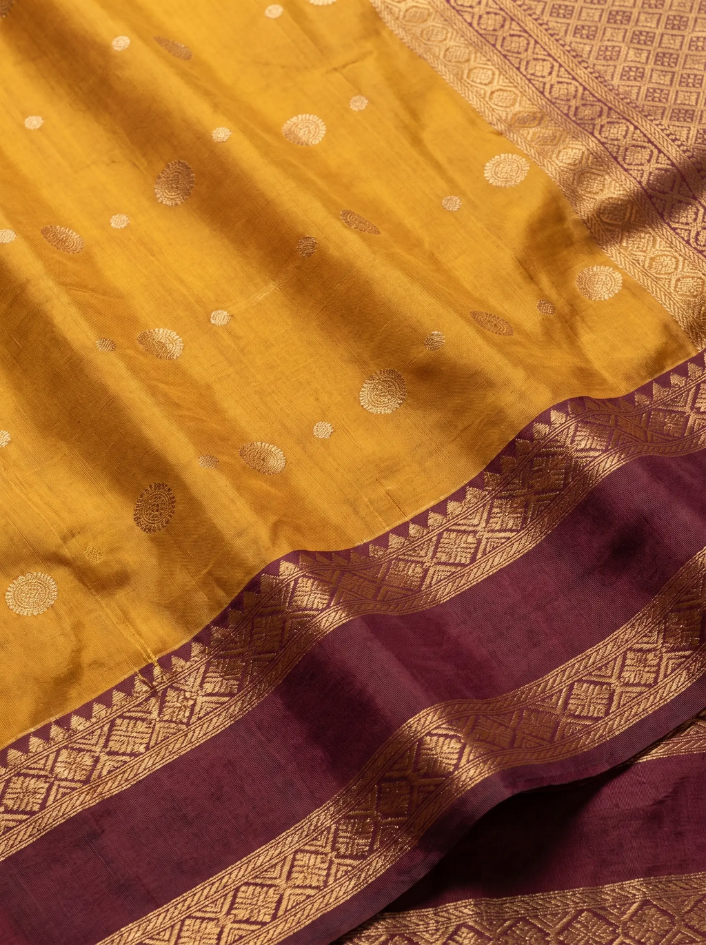 Mustard Gold Maroon Zari Floral Silk Saree