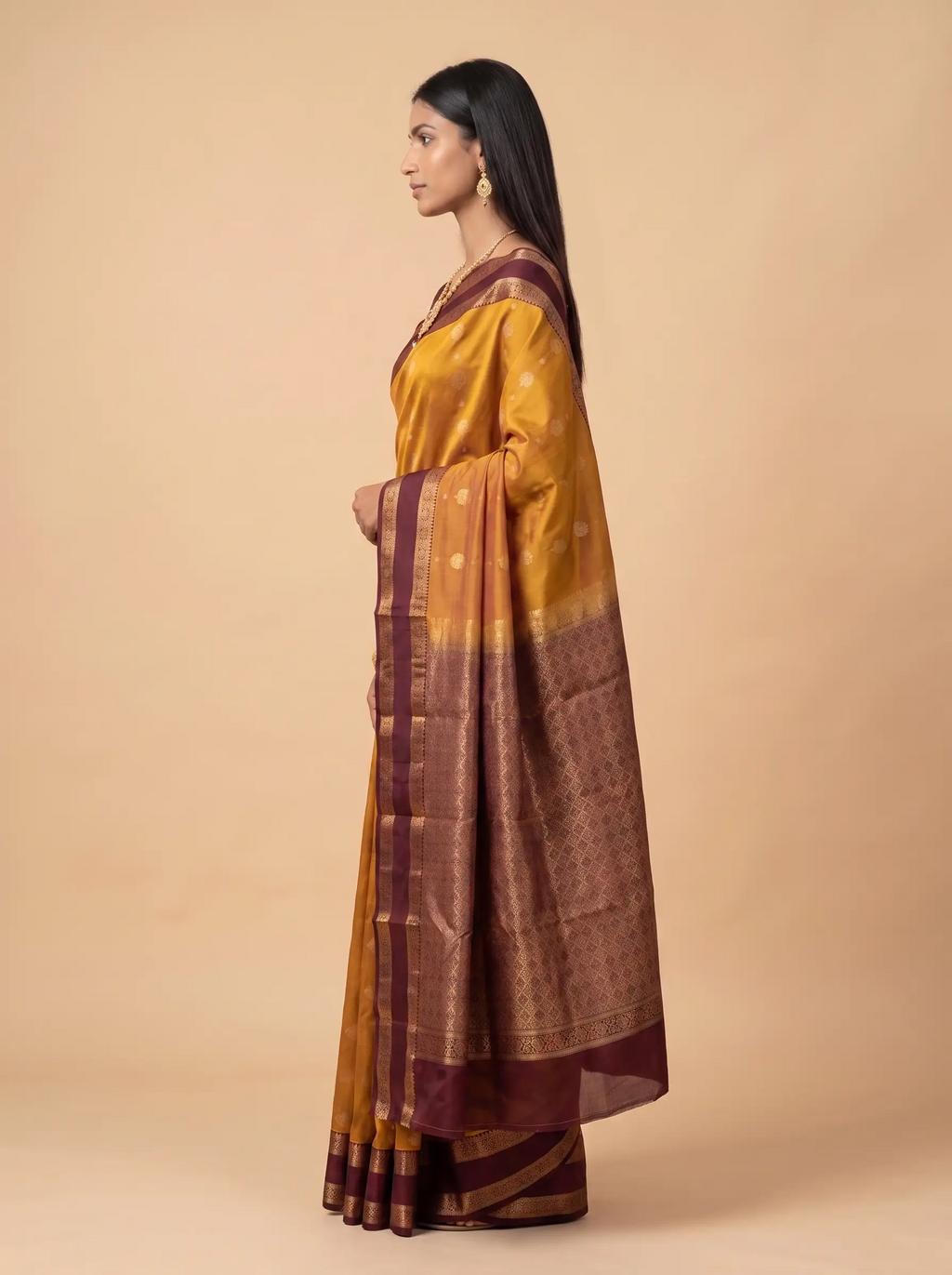 Mustard Gold Maroon Zari Floral Silk Saree