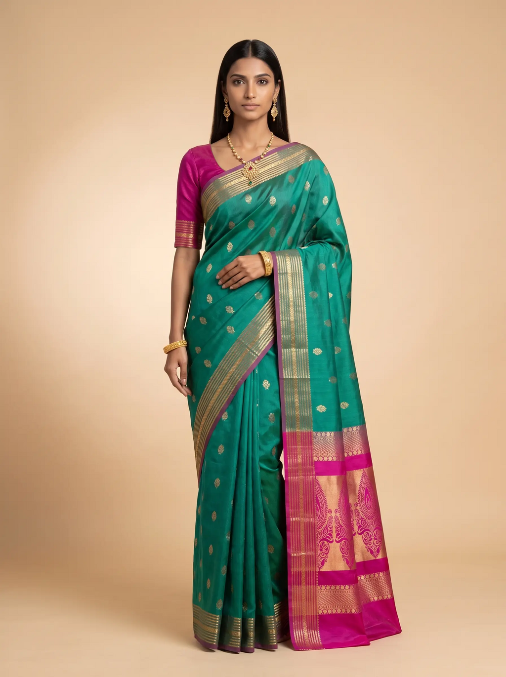Teal Green Purple Gold Zari Floral Silk Saree