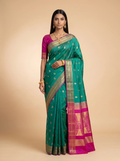 Teal Green Purple Gold Zari Floral Silk Saree