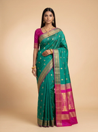 Teal Green Purple Gold Zari Floral Silk Saree