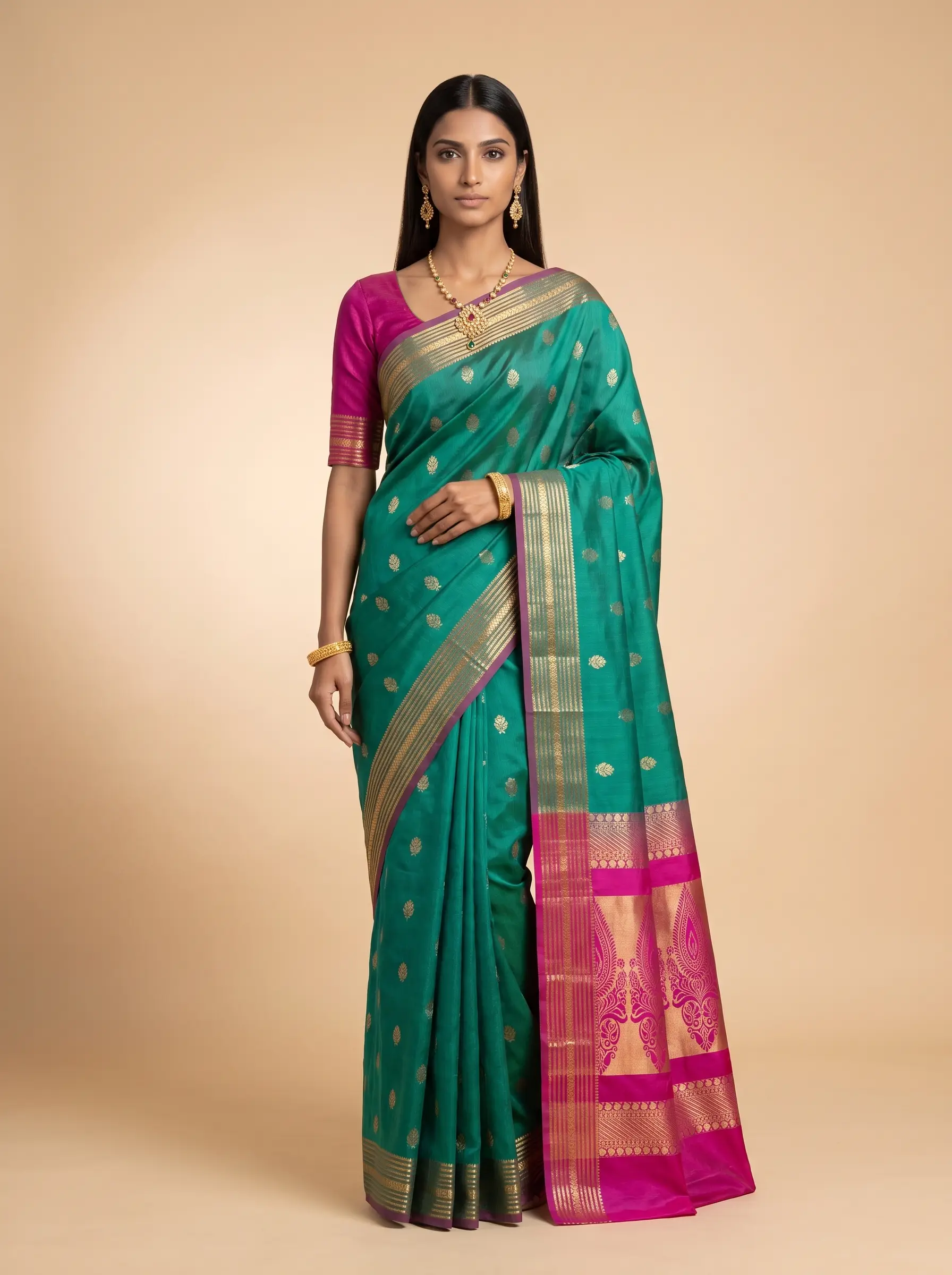 Teal Green Purple Gold Zari Floral Silk Saree