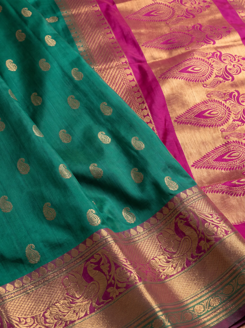 Teal Green Purple Gold Zari Floral Silk Saree