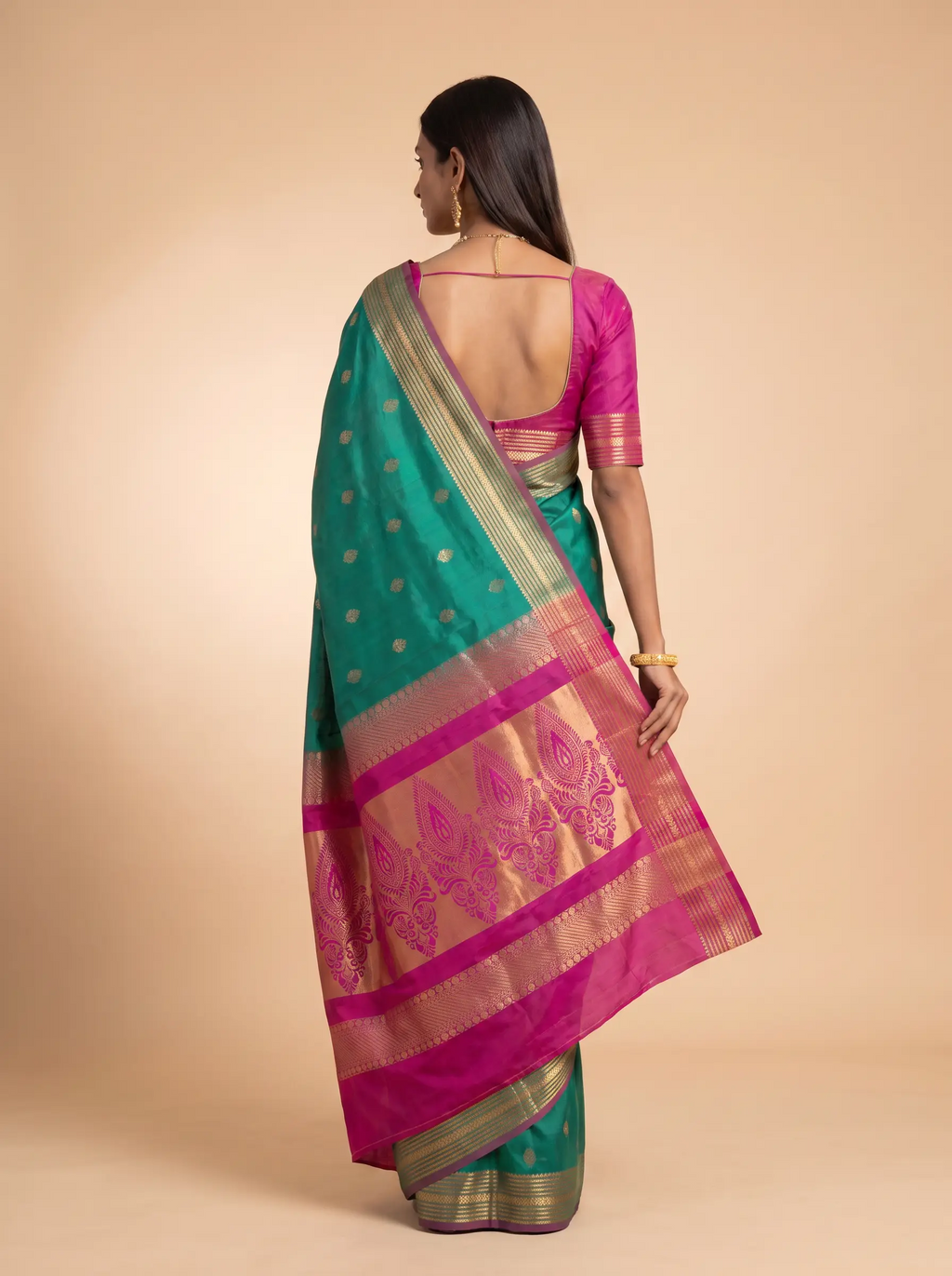 Teal Green Purple Gold Zari Floral Silk Saree