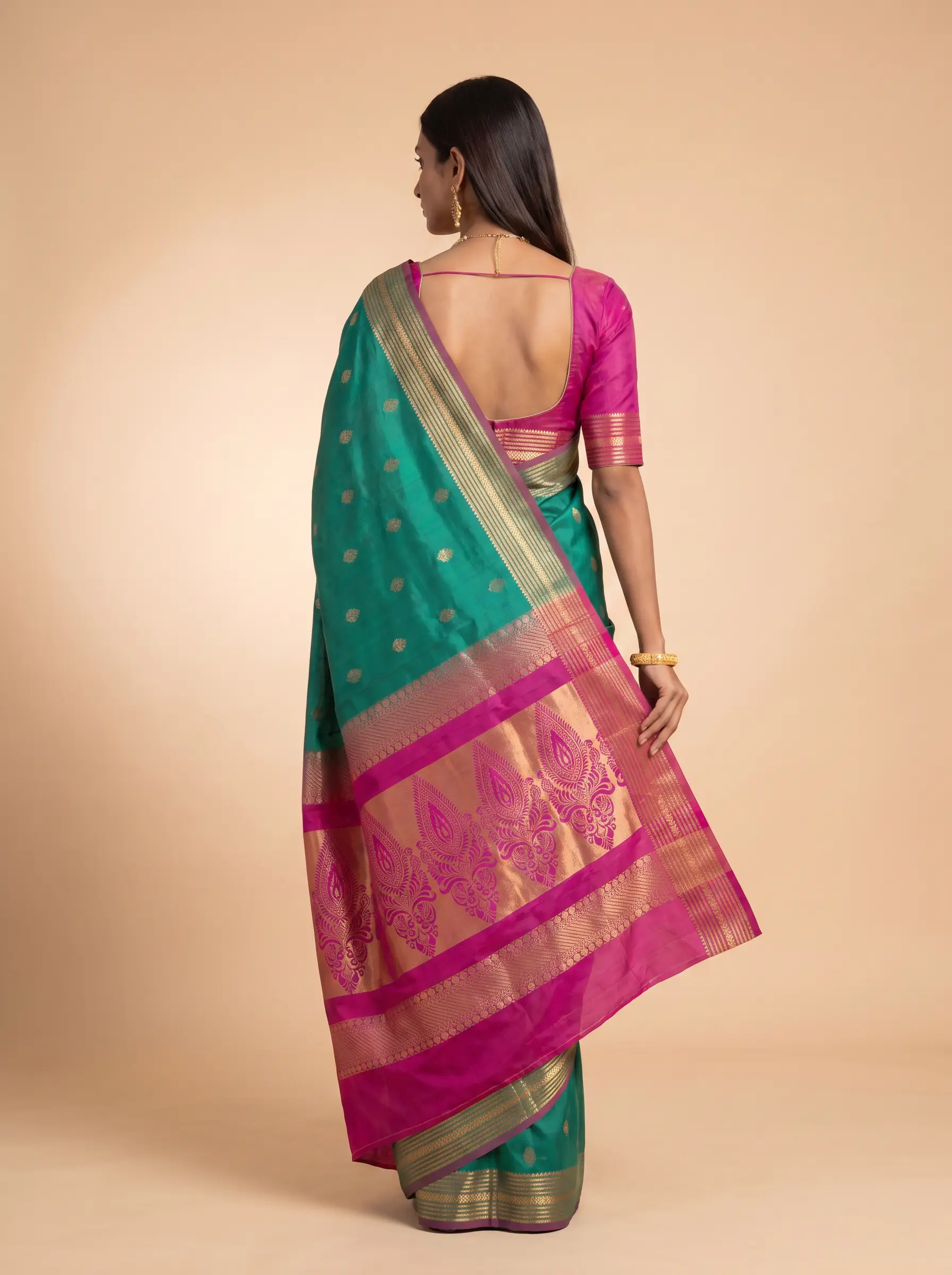 Teal Green Purple Gold Zari Floral Silk Saree