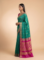 Teal Green Purple Gold Zari Floral Silk Saree