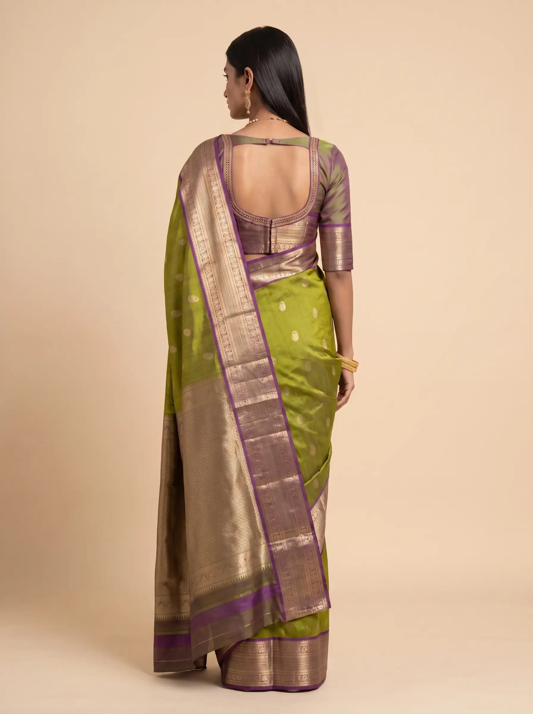 Olive Green Purple Zari Paisley Silk Saree