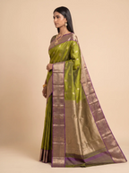 Olive Green Purple Zari Paisley Silk Saree