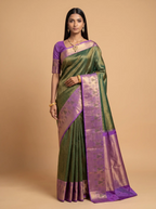 Green Purple Floral Kanjivaram Silk Saree