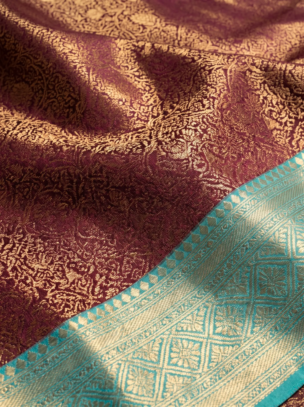 Wine Turquoise Zari Kanjivaram Silk Saree