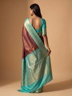 Wine Turquoise Zari Kanjivaram Silk Saree